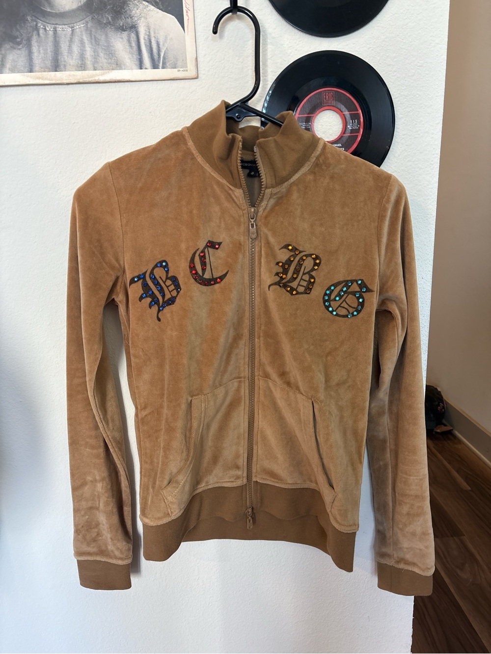 BCBGMaxAzria Tan Velour Zip-Up Jacket with Embroidered Logo